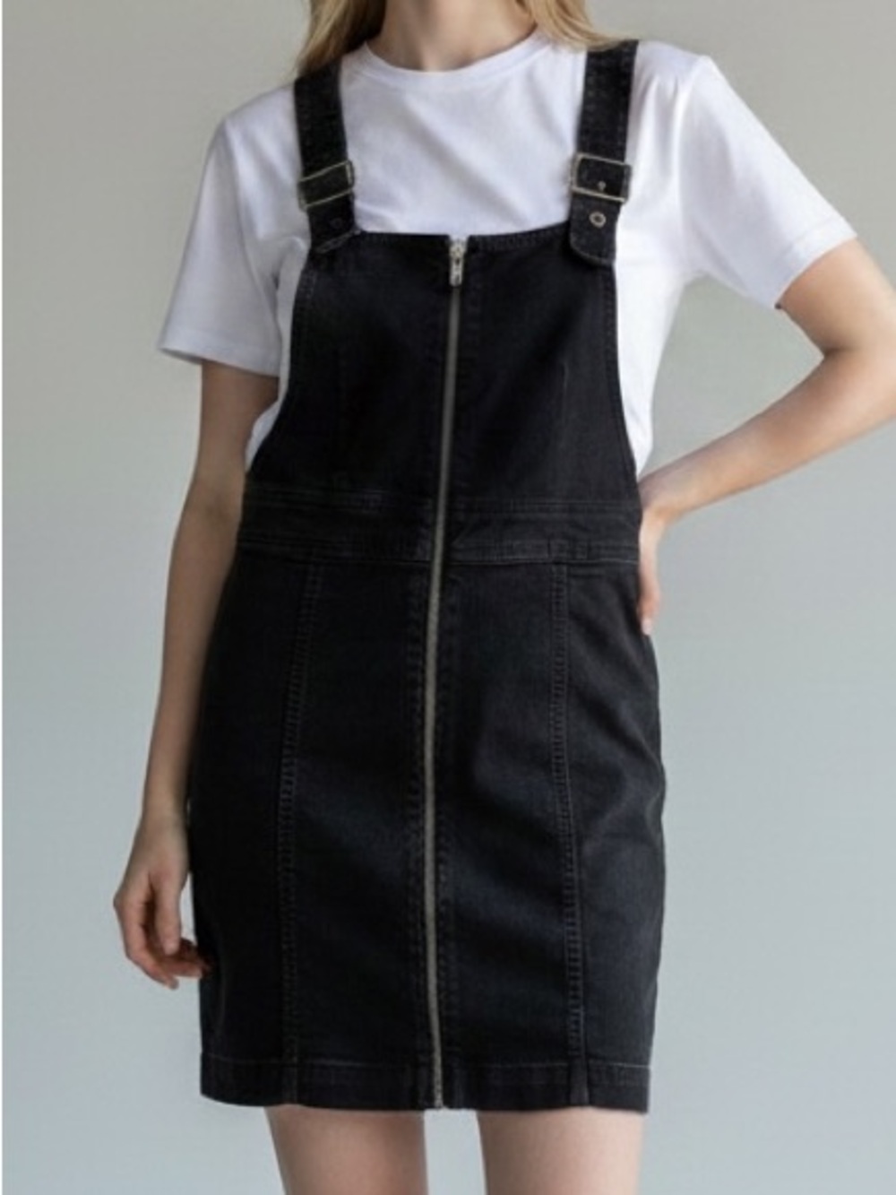 Free People Black Denim Overall Mini Dress with Front Zip